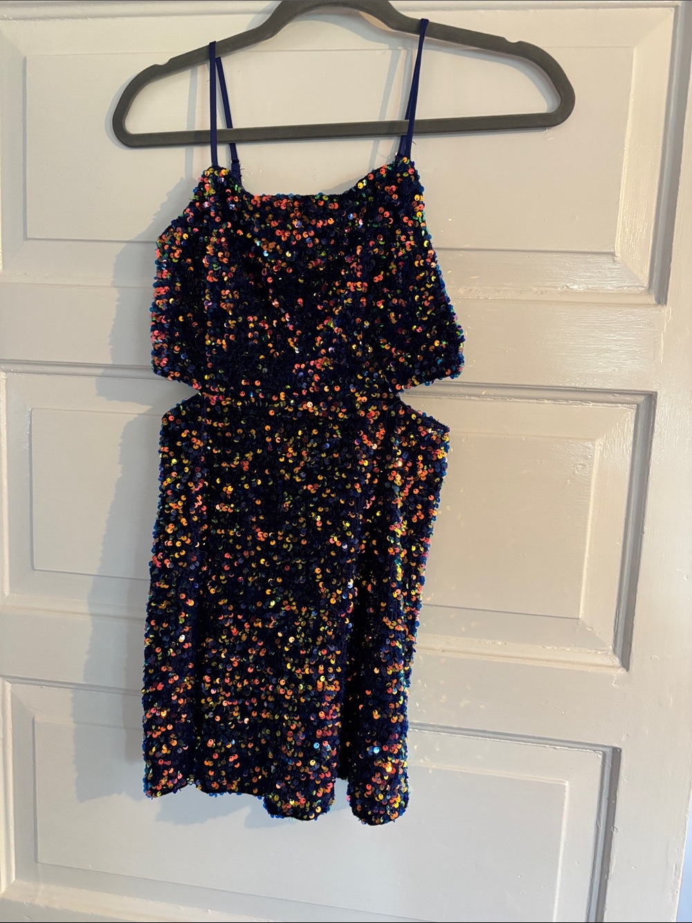 Girls Navy Sequin Spaghetti-Strap Party Dress